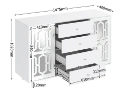 Aparador 147,5x40x102cm, con 2 puertas y 4 cajones, puerta con cristal para salón, comedor, color blanco