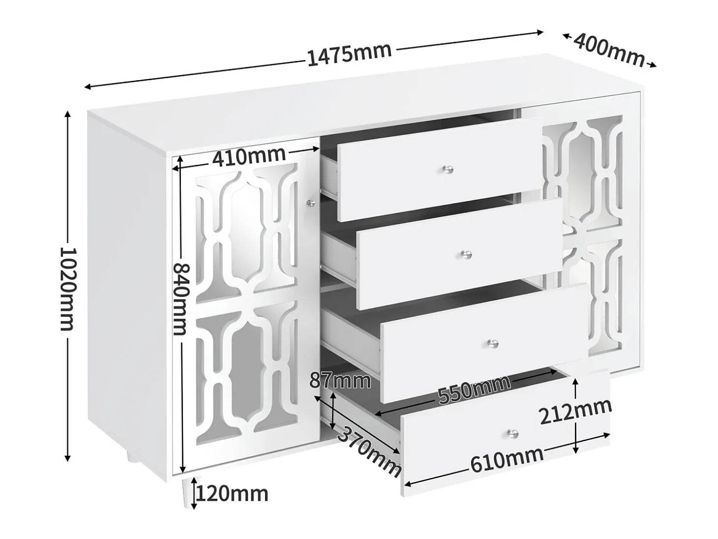 Aparador 147,5x40x102cm, con 2 puertas y 4 cajones, puerta con cristal para salón, comedor, color blanco