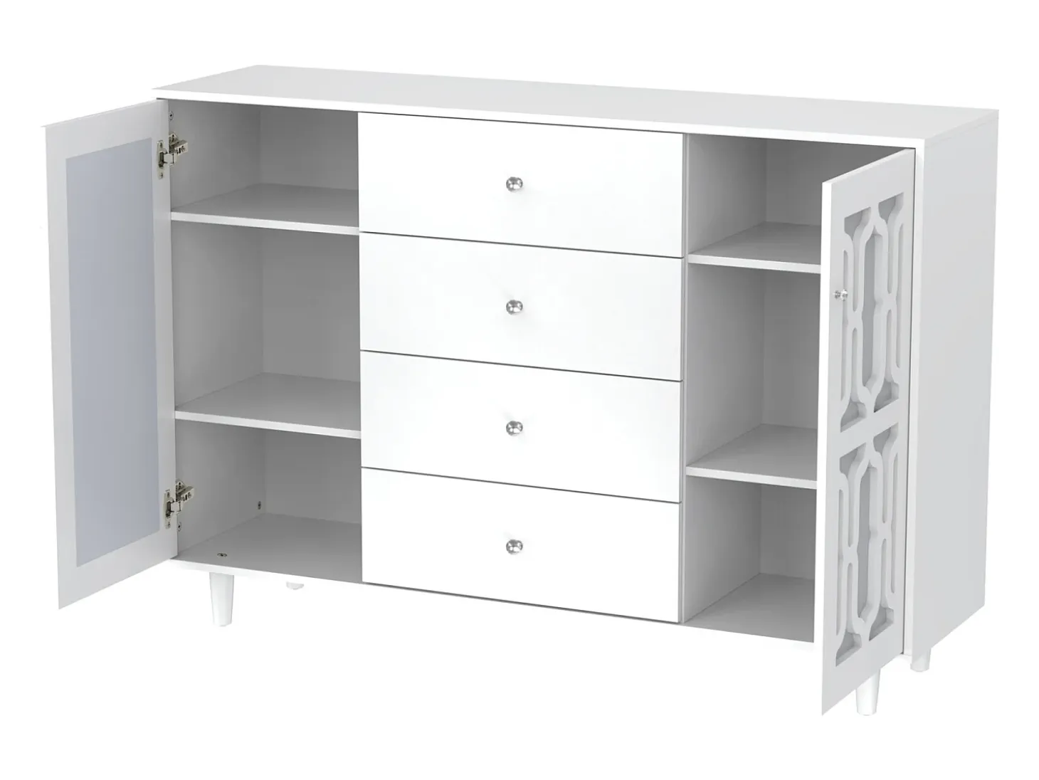 Aparador 147,5x40x102cm, con 2 puertas y 4 cajones, puerta con cristal para salón, comedor, color blanco