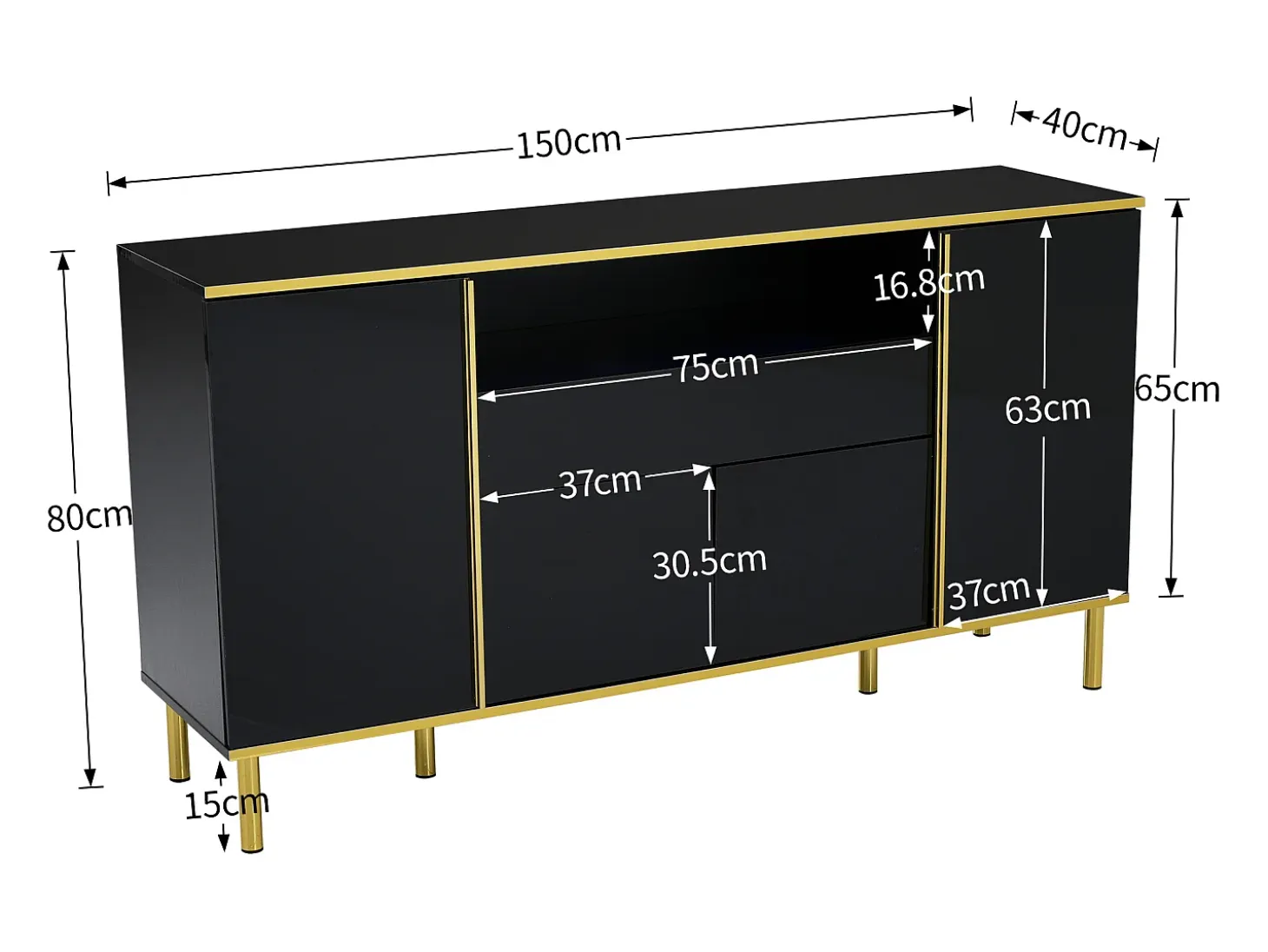 Aparador 150x40x80cm con 4 puertas, 1 cajón y 1 nicho con LED, cuerpo lacado en negro, cantos y patas dorados