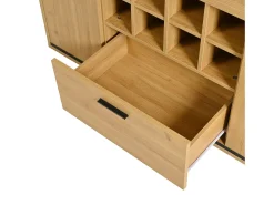 Aparador 110x38x111cm con 3 puertas incluyendo 1 puerta de cristal, 2 cajones y botelleros, LED incluido, en color madera natural clara