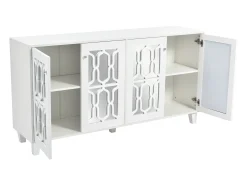 Aparador 160x40x84cm con 4 puertas con espejo, cuerpo lacado en blanco