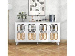 Aparador 160x40x84cm con 4 puertas con espejo, cuerpo lacado en blanco