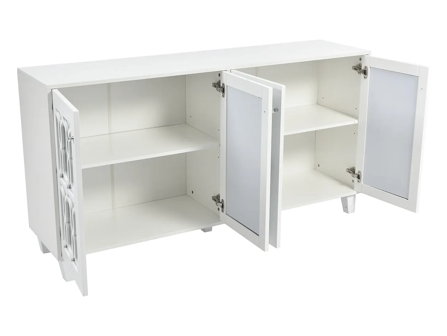 Aparador 160x40x84cm con 4 puertas con espejo, cuerpo lacado en blanco