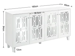 Aparador 160x40x84cm con 4 puertas con espejo, cuerpo lacado en blanco