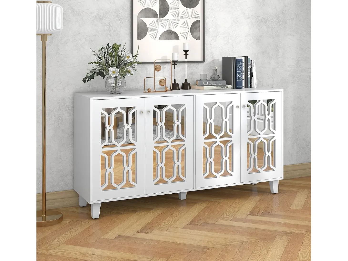 Aparador 160x40x84cm con 4 puertas con espejo, cuerpo lacado en blanco