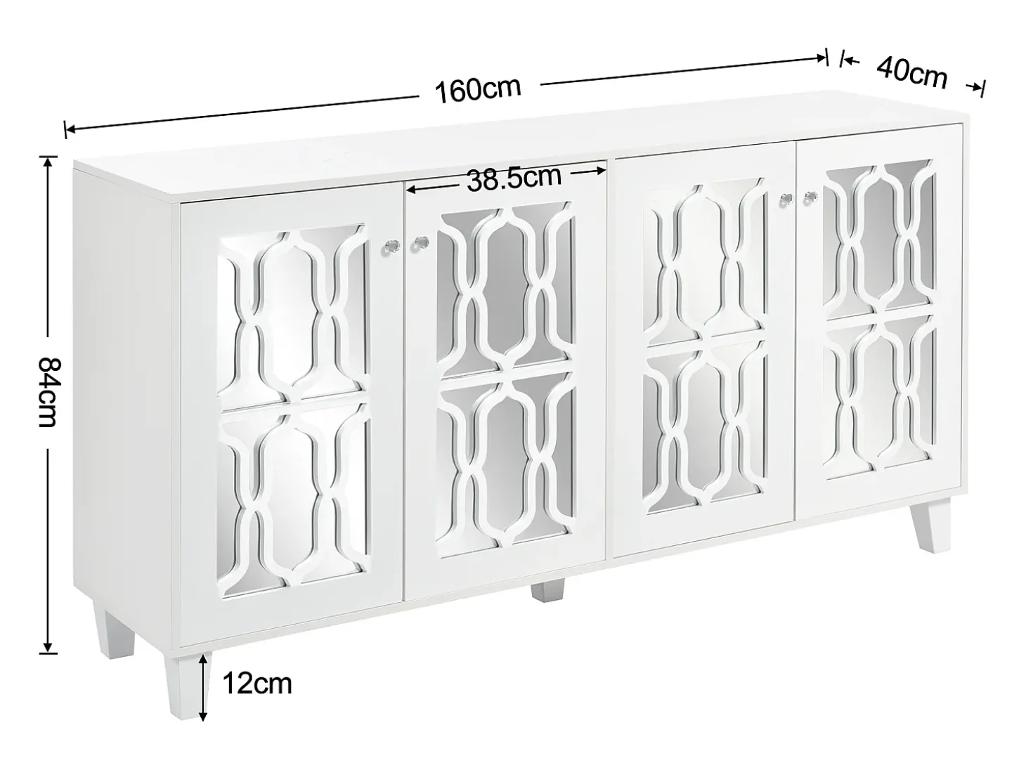 Aparador 160x40x84cm con 4 puertas con espejo, cuerpo lacado en blanco