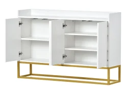 Aparador 120x30x80cm con 4 puertas sin tiradores, patas de metal dorado, cuerpo blanco