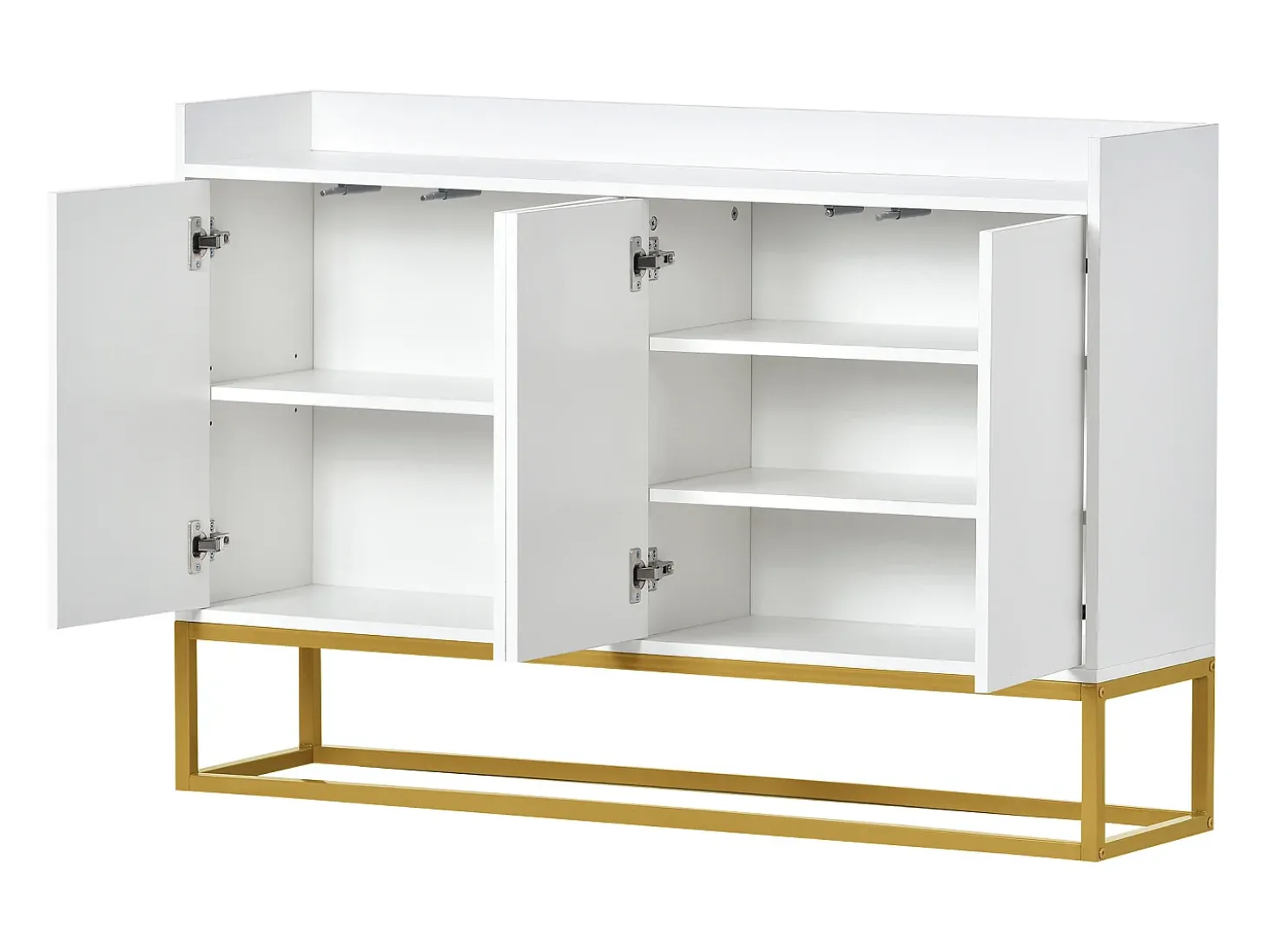 Aparador 120x30x80cm con 4 puertas sin tiradores, patas de metal dorado, cuerpo blanco