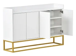 Aparador 120x30x80cm con 4 puertas sin tiradores, patas de metal dorado, cuerpo blanco