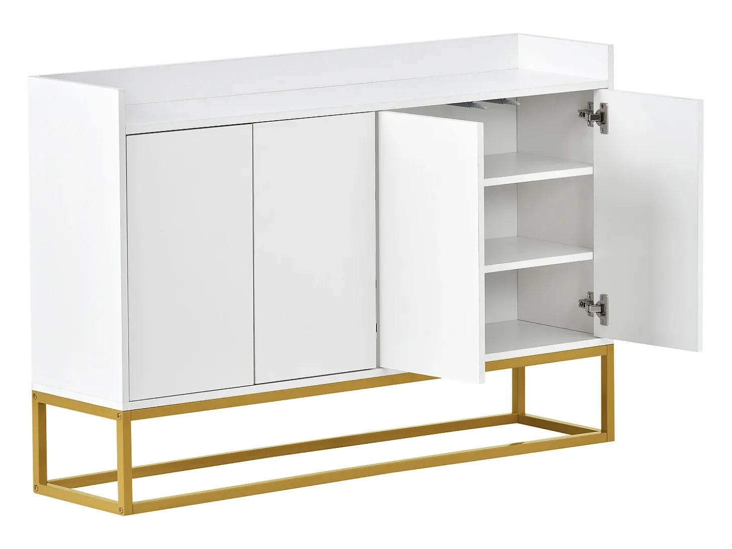 Aparador 120x30x80cm con 4 puertas sin tiradores, patas de metal dorado, cuerpo blanco