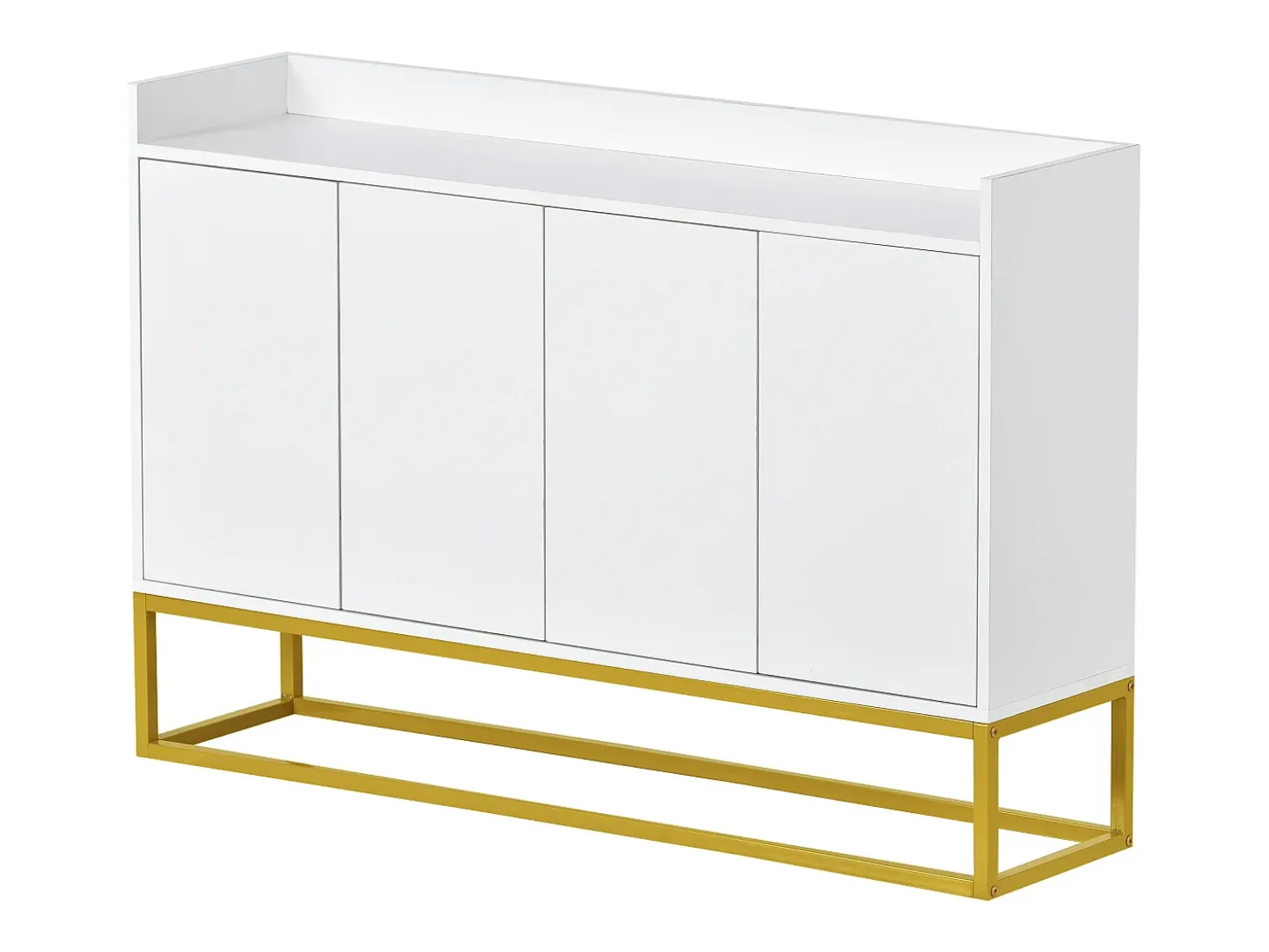 Aparador 120x30x80cm con 4 puertas sin tiradores, patas de metal dorado, cuerpo blanco