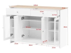 Aparador 120x37x80cm con 4 puertas y 2 cajones, blanco, tapa acabado madera natural