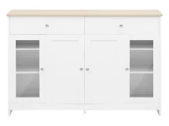 Aparador 120x37x80cm con 4 puertas y 2 cajones, blanco, tapa acabado madera natural