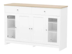 Aparador 120x37x80cm con 4 puertas y 2 cajones, blanco, tapa acabado madera natural