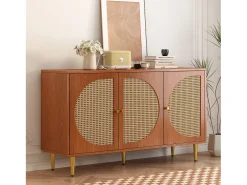 Aparador 129,8x40x76cm con 3 puertas de ratán, cuerpo chapado en nogal y patas doradas
