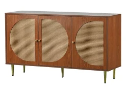 Aparador 129,8x40x76cm con 3 puertas de ratán, cuerpo chapado en nogal y patas doradas