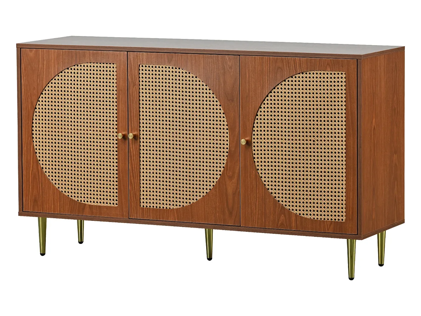 Aparador 129,8x40x76cm con 3 puertas de ratán, cuerpo chapado en nogal y patas doradas