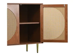 Aparador 129,8x40x76cm con 3 puertas de ratán, cuerpo chapado en nogal y patas doradas