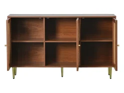 Aparador 129,8x40x76cm con 3 puertas de ratán, cuerpo chapado en nogal y patas doradas