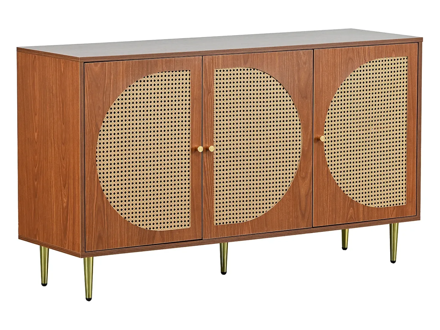 Aparador 129,8x40x76cm con 3 puertas de ratán, cuerpo chapado en nogal y patas doradas