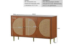 Aparador 129,8x40x76cm con 3 puertas de ratán, cuerpo chapado en nogal y patas doradas