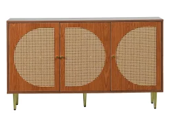Aparador 129,8x40x76cm con 3 puertas de ratán, cuerpo chapado en nogal y patas doradas