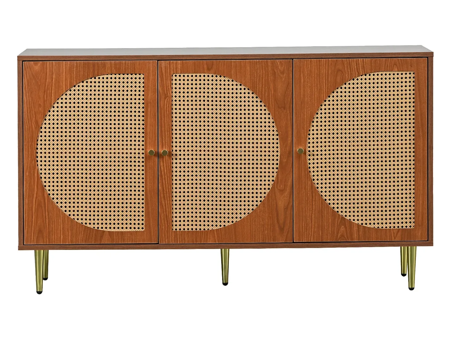 Aparador 129,8x40x76cm con 3 puertas de ratán, cuerpo chapado en nogal y patas doradas