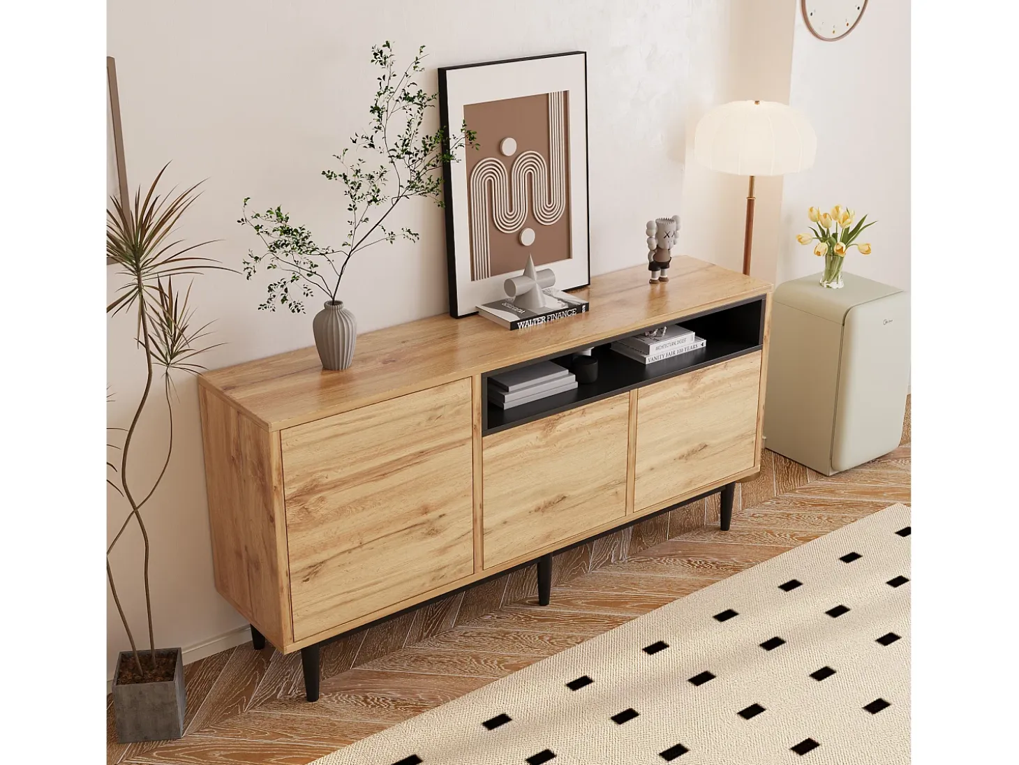 Aparador 160x35x76cm con 3 puertas y 1 nicho, patas de metal negro, cuerpo en imitación madera natural claro.