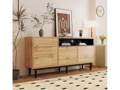Aparador 160x35x76cm con 3 puertas y 1 nicho, patas de metal negro, cuerpo en imitación madera natural claro.