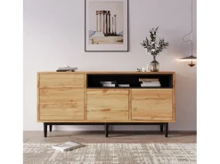 Aparador 160x35x76cm con 3 puertas y 1 nicho, patas de metal negro, cuerpo en imitación madera natural claro.