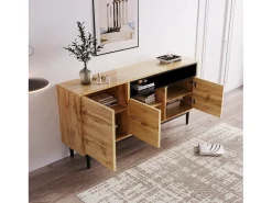 Aparador 160x35x76cm con 3 puertas y 1 nicho, patas de metal negro, cuerpo en imitación madera natural claro.