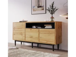 Aparador 160x35x76cm con 3 puertas y 1 nicho, patas de metal negro, cuerpo en imitación madera natural claro.