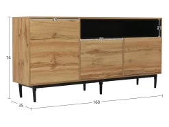 Aparador 160x35x76cm con 3 puertas y 1 nicho, patas de metal negro, cuerpo en imitación madera natural claro.