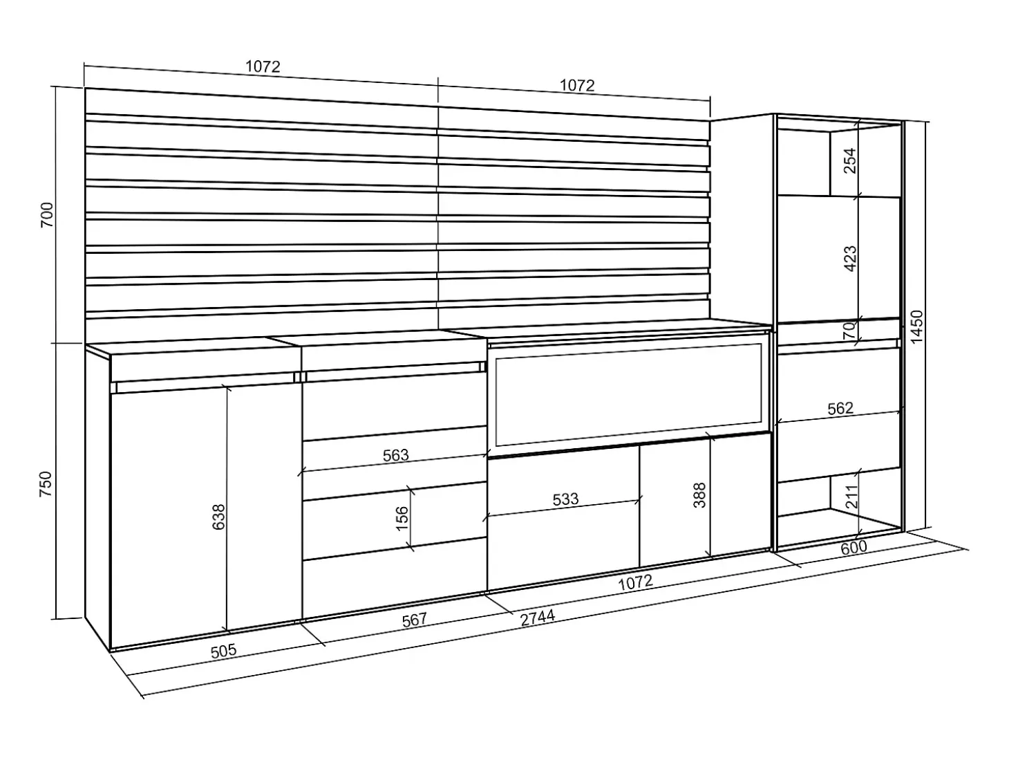 Aparador, 274x35x145cm, Dormitorio, habitación, Chimenea eléctrica XXL, Cómoda, Cajonera, Zapatero, Cemento