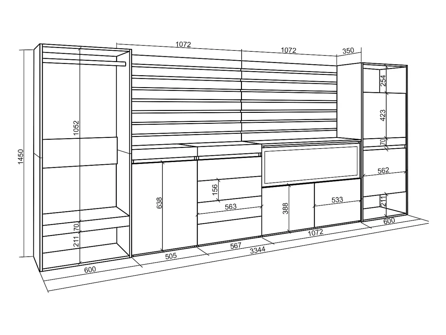 Aparador, 334x35x145cm, Dormitorio, habitación, Chimenea eléctrica XXL, Cómoda, Cajonera, Zapatero, Vestidor abierto, Cemento