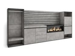 Aparador, 334x35x145cm, Dormitorio, habitación, Chimenea eléctrica XXL, Cómoda, Cajonera, Zapatero, Vestidor abierto, Cemento