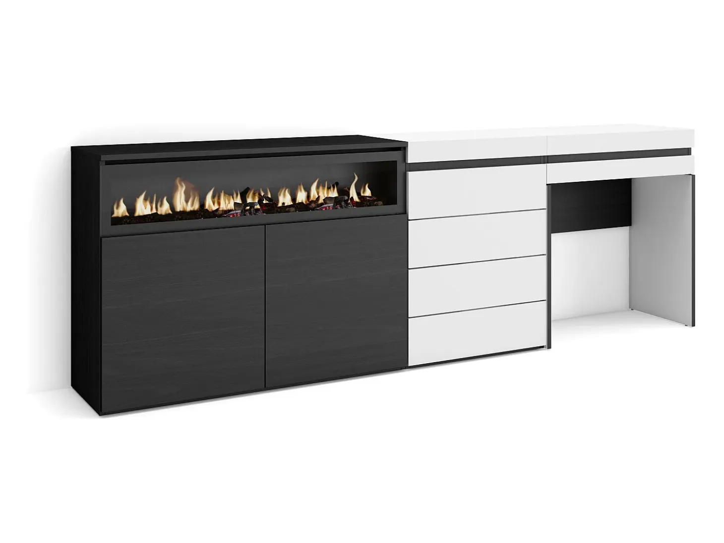 Aparador, 227x35x75cm, Dormitorio, habitación, Chimenea eléctrica, Cómoda, Cajonera, Tocador, Blanco