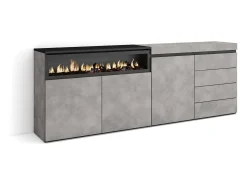 Aparador, 207x35x75cm, Dormitorio, habitación, Chimenea eléctrica, Cómoda, Cajonera, Cemento