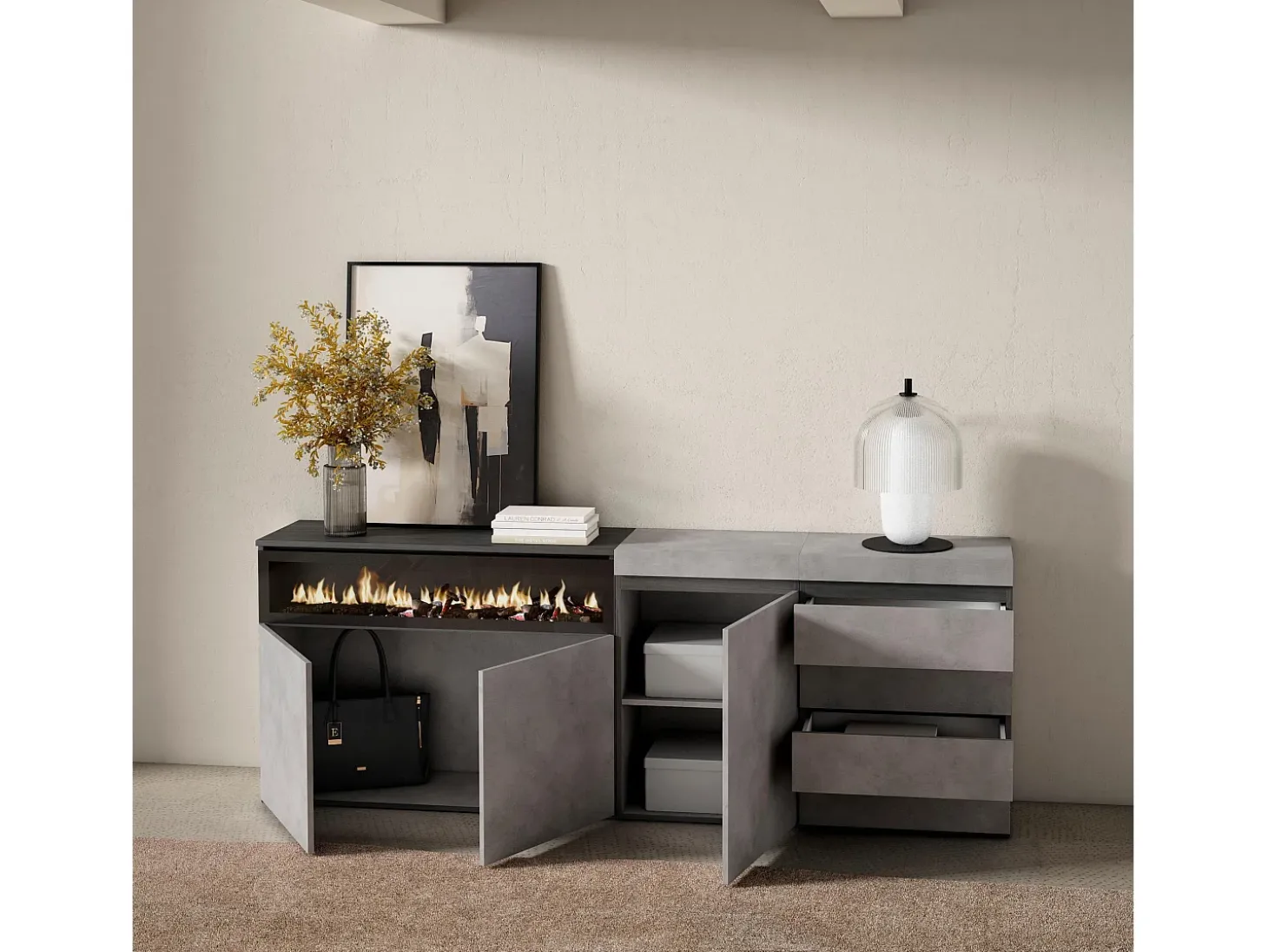 Aparador, 207x35x75cm, Dormitorio, habitación, Chimenea eléctrica, Cómoda, Cajonera, Cemento