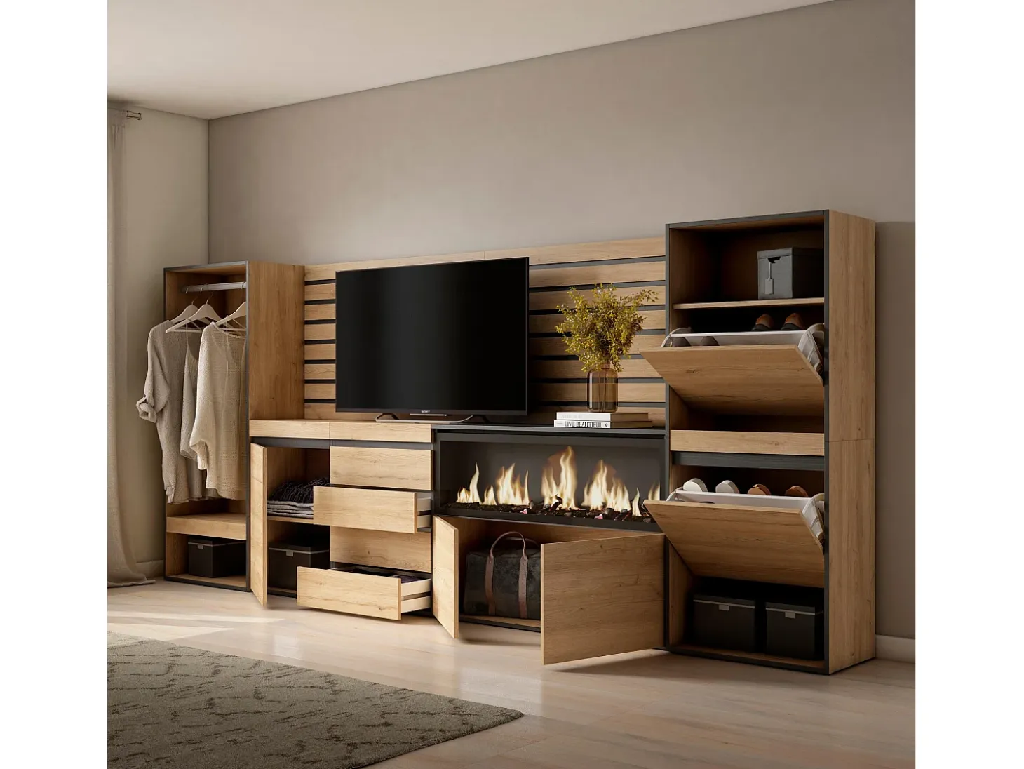 Aparador, 334x35x145cm, Dormitorio, habitación, Chimenea eléctrica XXL, Cómoda, Cajonera, Zapatero, Vestidor abierto, Roble