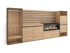 Aparador, 334x35x145cm, Dormitorio, habitación, Chimenea eléctrica XXL, Cómoda, Cajonera, Zapatero, Vestidor abierto, Roble