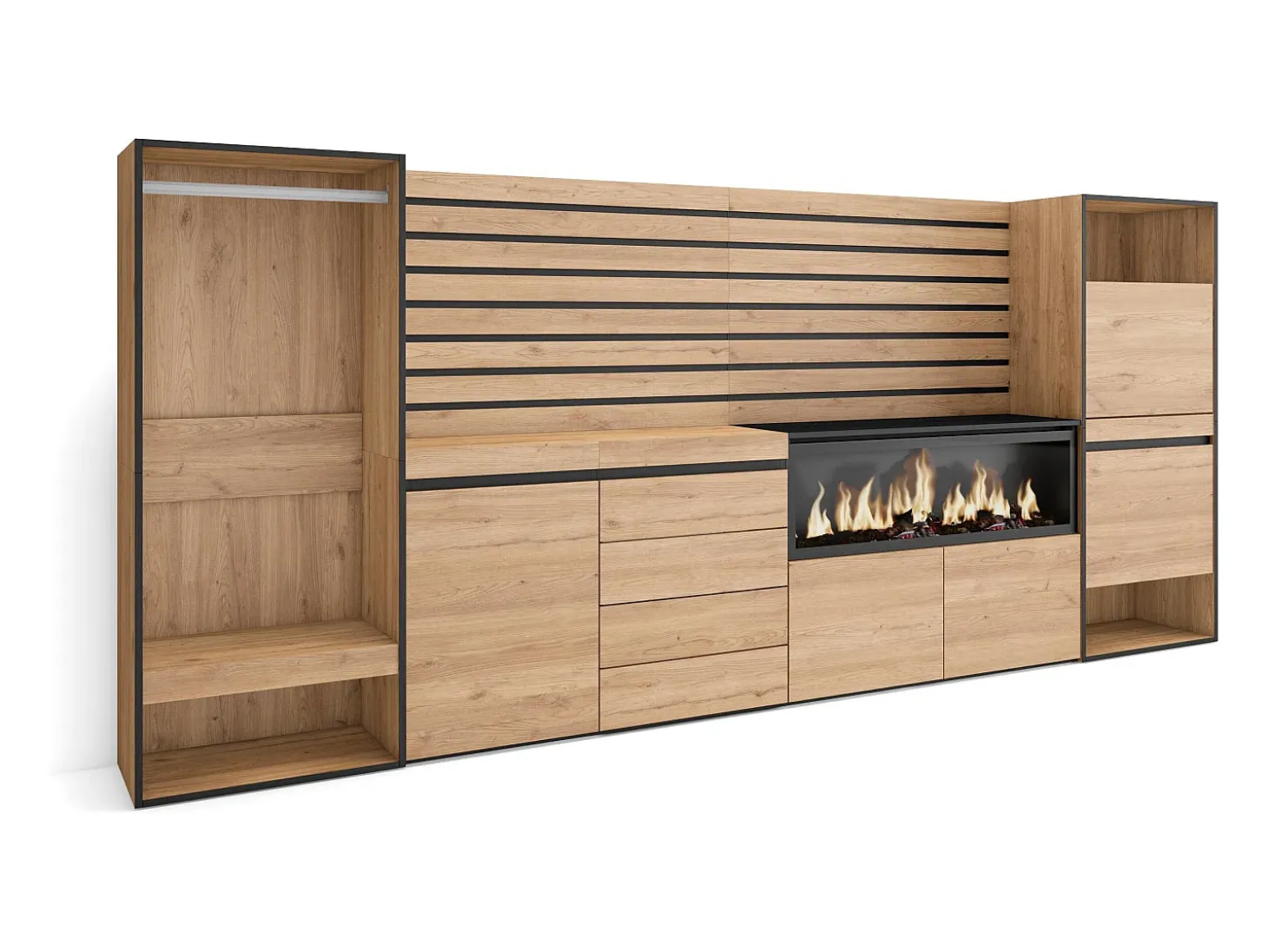 Aparador, 334x35x145cm, Dormitorio, habitación, Chimenea eléctrica XXL, Cómoda, Cajonera, Zapatero, Vestidor abierto, Roble