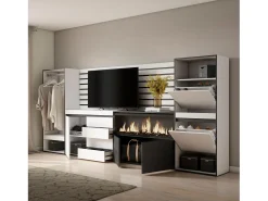 Aparador, 334x35x145cm, Dormitorio, habitación, Chimenea eléctrica XXL, Cómoda, Cajonera, Zapatero, Vestidor abierto, Blanco