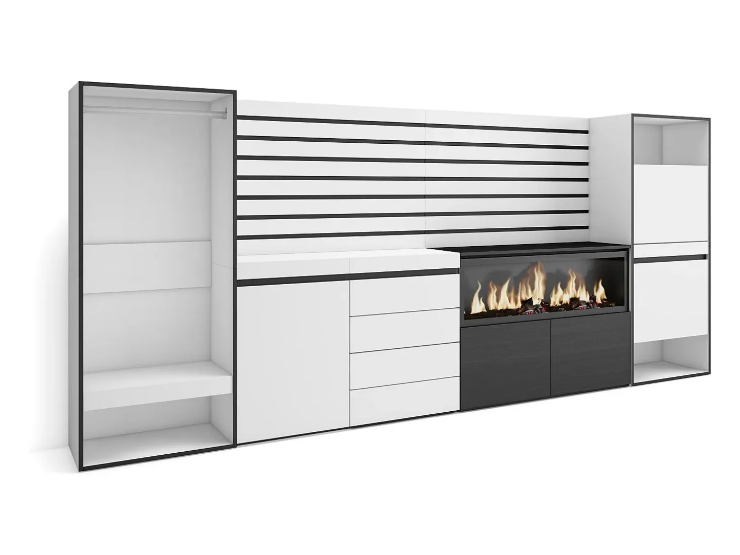 Aparador, 334x35x145cm, Dormitorio, habitación, Chimenea eléctrica XXL, Cómoda, Cajonera, Zapatero, Vestidor abierto, Blanco