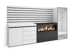 Aparador, 274x35x145cm, Dormitorio, habitación, Chimenea eléctrica XXL, Cómoda, Cajonera, Vestidor abierto, Blanco