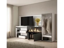 Aparador, 274x35x145cm, Dormitorio, habitación, Chimenea eléctrica XXL, Cómoda, Cajonera, Vestidor abierto, Blanco