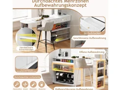 Aparador/bar extensible giratorio - 120 x 50 x 95,5 cm - con puerta + estantes + LED + 2 cajones - MDF - blanco