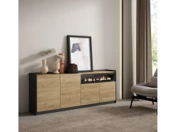 Aparadores para salón, 207x80x37 cm, 4 Puertas, Chimenea eléctrica, Roble y negro
