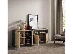 Aparadores para salón, 207x80x37 cm, 4 Puertas, Chimenea eléctrica, Roble y negro